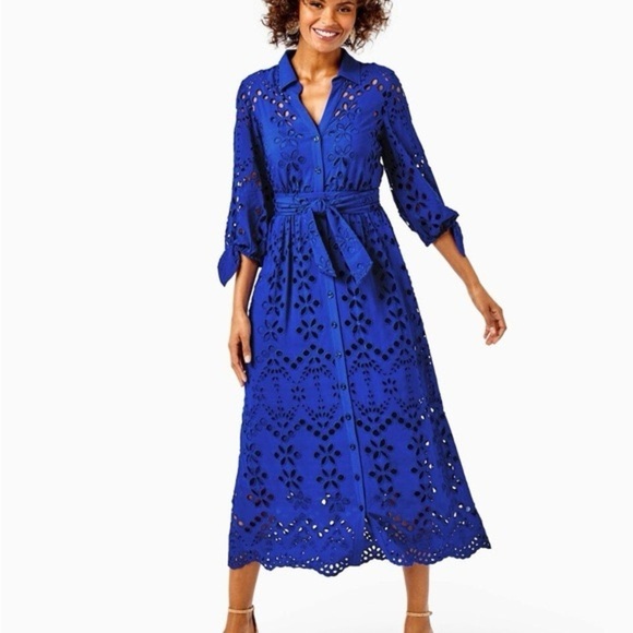 Lilly Pulitzer Dresses & Skirts - Lilly Pulitzer Borealis Blue Amrita Midi Eyelet Shirtdress Sundress Size 0